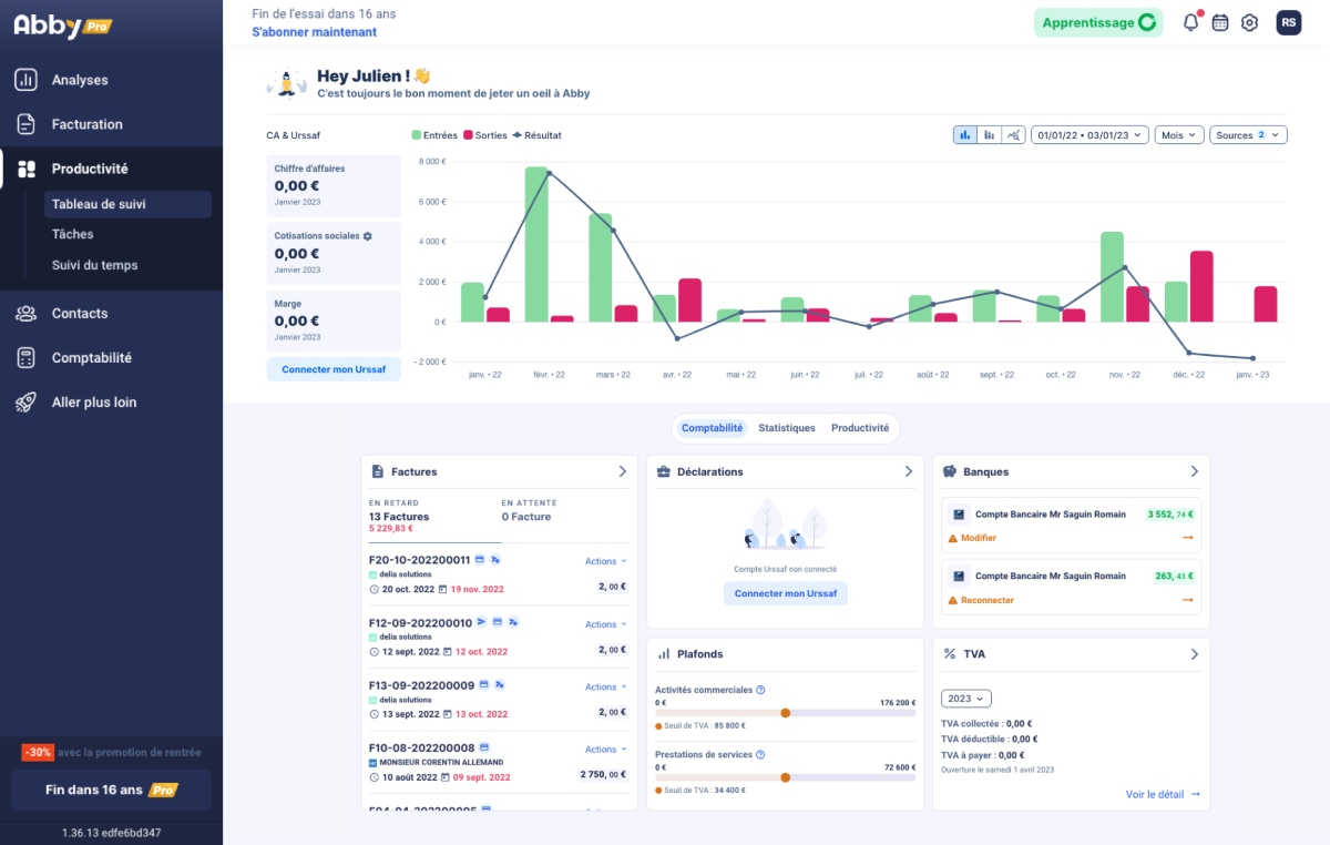 Tableau de bord Abby avec le chiffre d'affaires mensuel du micro-entrepreneur, le bouton Déclarer à l'URSSAF et la liste des dernières factures émises