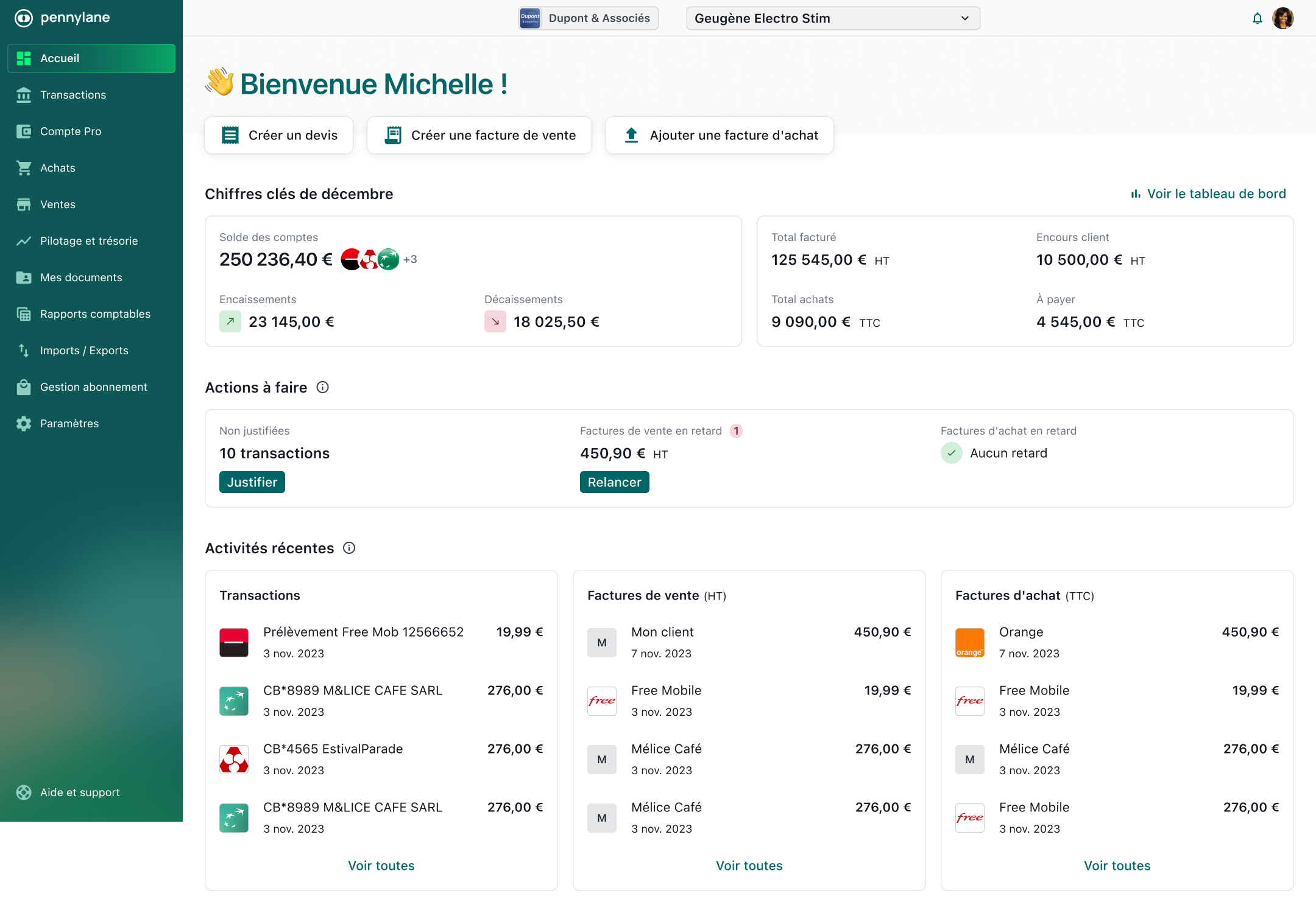Tableau de bord financier Pennylane avec graphique de trésorerie sur 6 mois, liste des transactions bancaires synchronisées et statut des factures en attente
