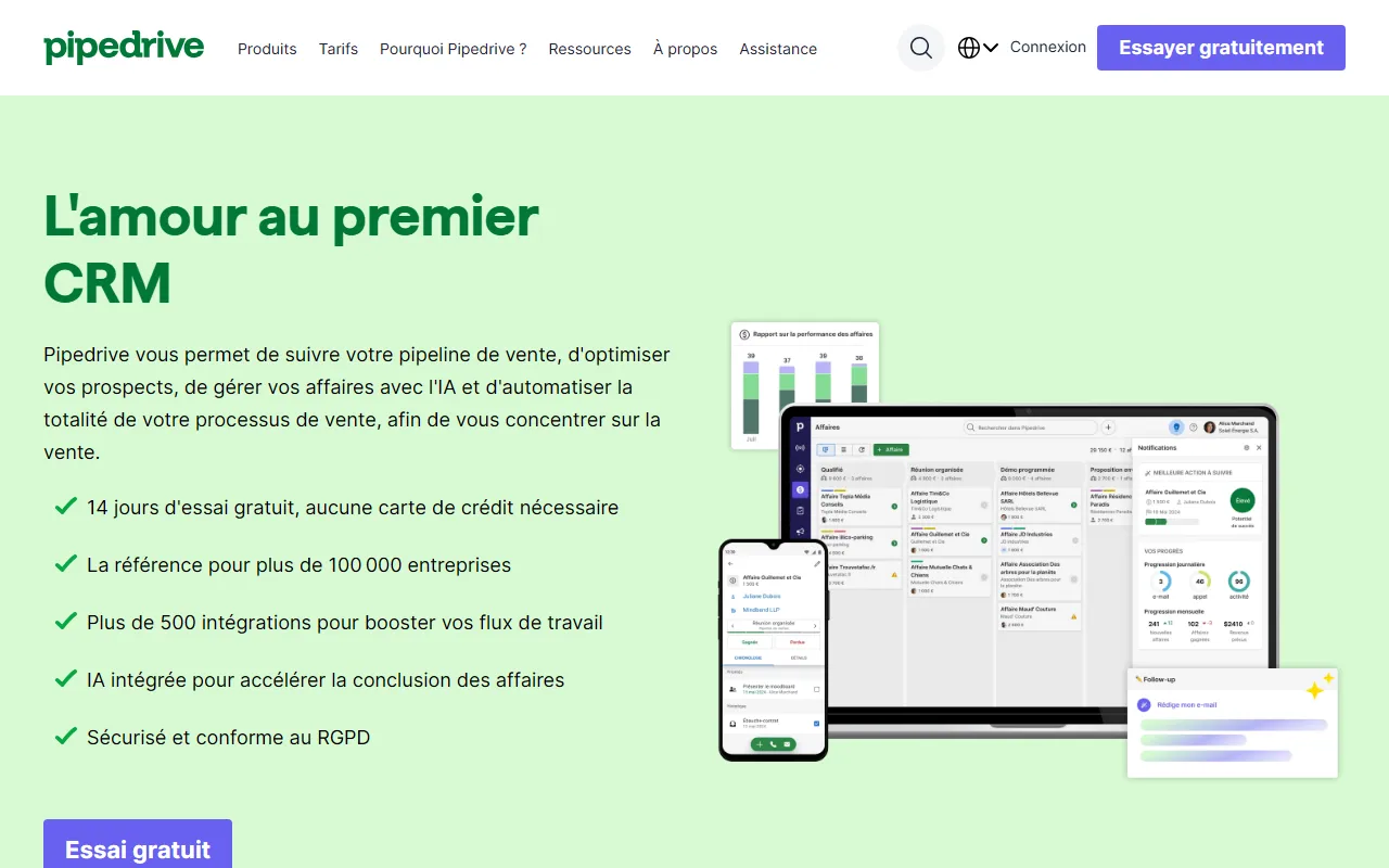 Interface Pipedrive avec vue pipeline Kanban et colonnes par étape de vente