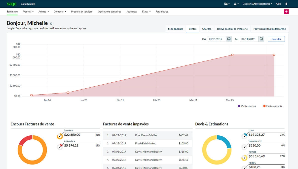 Interface Sage Business Cloud Compta avec plan comptable, journal des écritures et tableau de bord TVA