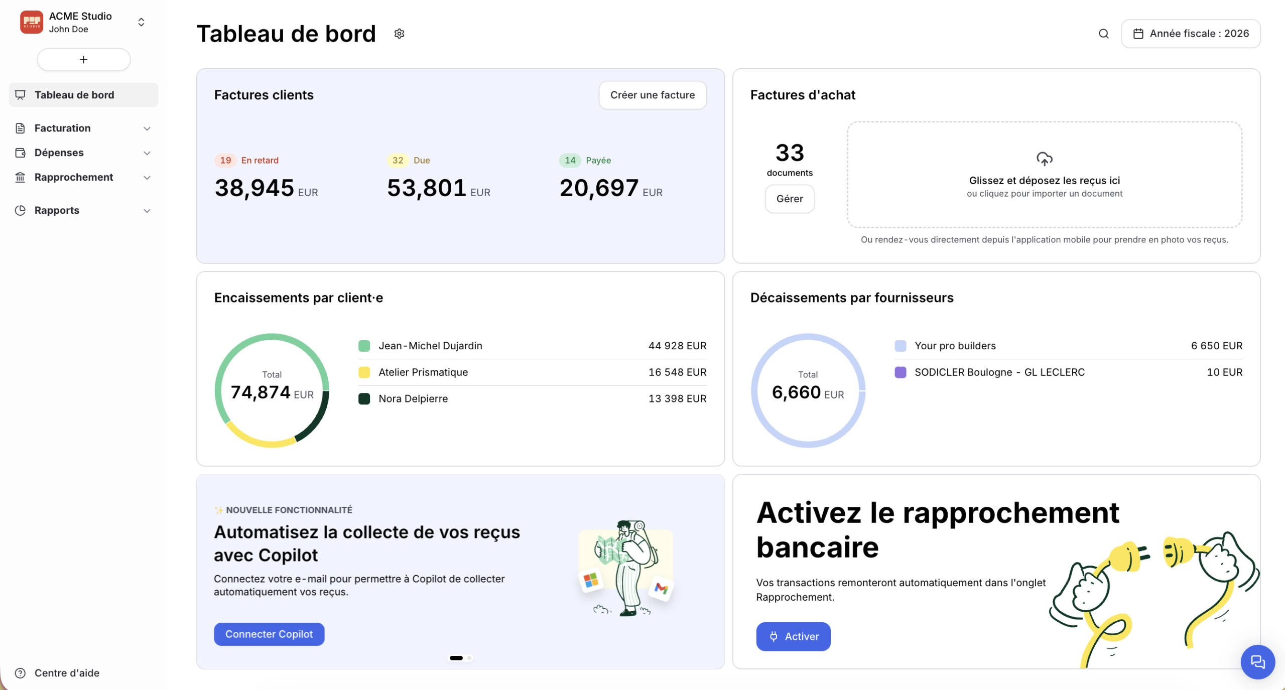 Application mobile Shine montrant le solde du compte, les dernières transactions et un accès rapide à la création de facture depuis l'écran d'accueil